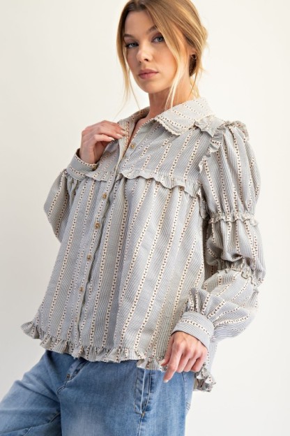 New Autumn Women's Fashion Lace Long Sleeve Striped Shirt Jacket-Pre-sale