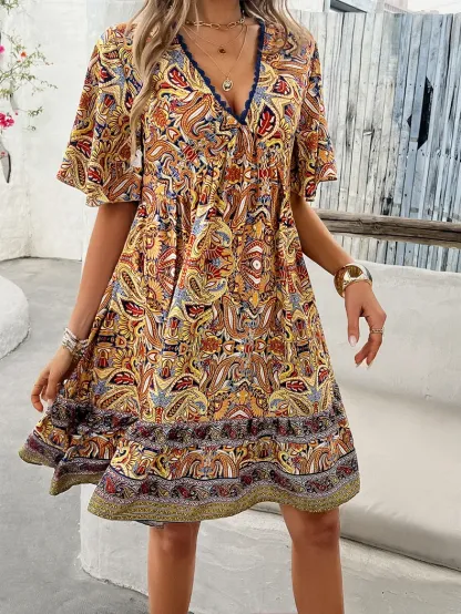 Women's Bohemian Contrast Print V-Neck Short Sleeve Dress