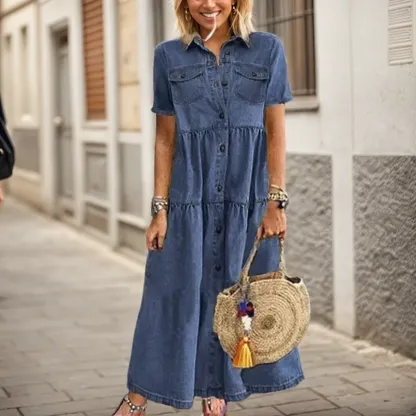 Elegant Denim Floral Print Long Dress