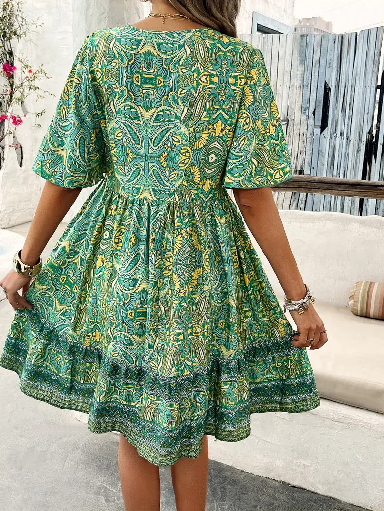 Women's Bohemian Contrast Print V-Neck Short Sleeve Dress