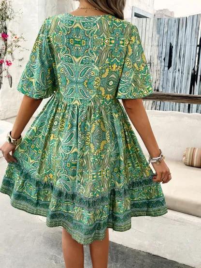 Women's Bohemian Contrast Print V-Neck Short Sleeve Dress
