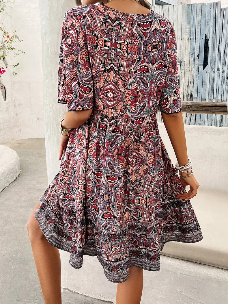 Women's Bohemian Contrast Print V-Neck Short Sleeve Dress