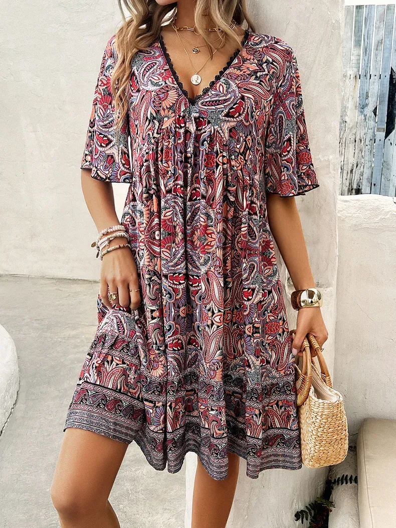 Women's Bohemian Contrast Print V-Neck Short Sleeve Dress
