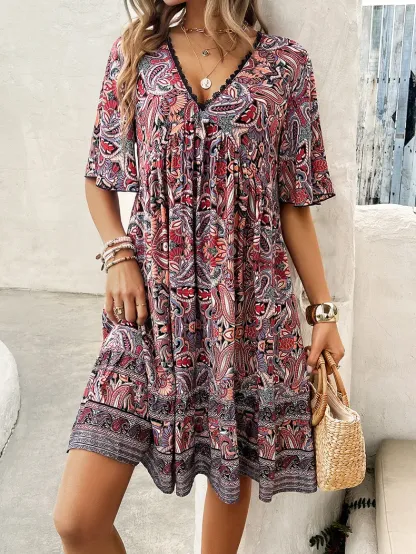 Women's Bohemian Contrast Print V-Neck Short Sleeve Dress