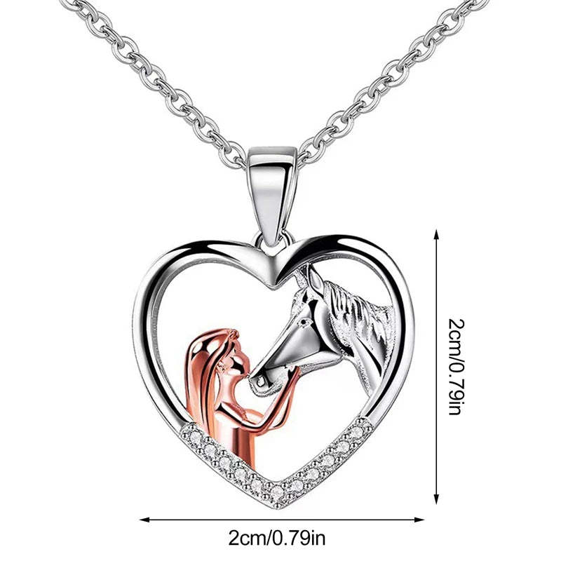 Beautiful Heart Zircon Girl and Horse Necklace