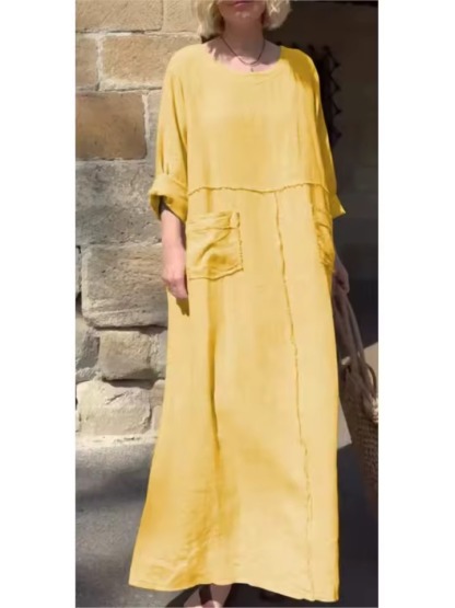 Women's Maxi Dress Solid Plus Size Loose Cotton Linen Long Dresses with Pockets
