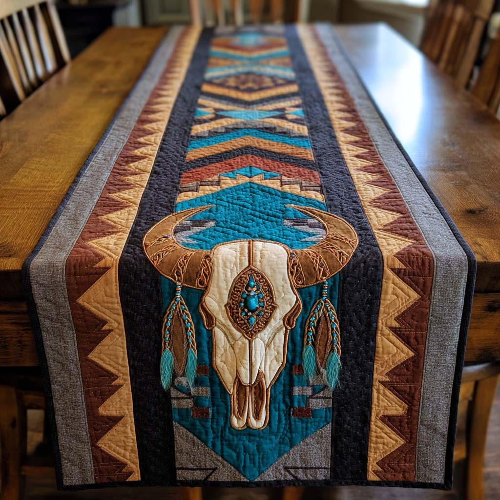 Tribal Turquoise Buffalo Skull Quilted Table Runner NCU0NXD1189