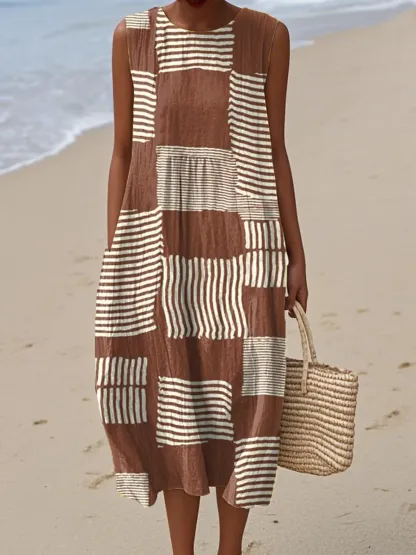 Women's Vintage Abstract Geometric Art Print Sleeveless Cotton Pocket Wrap Dress-Series3