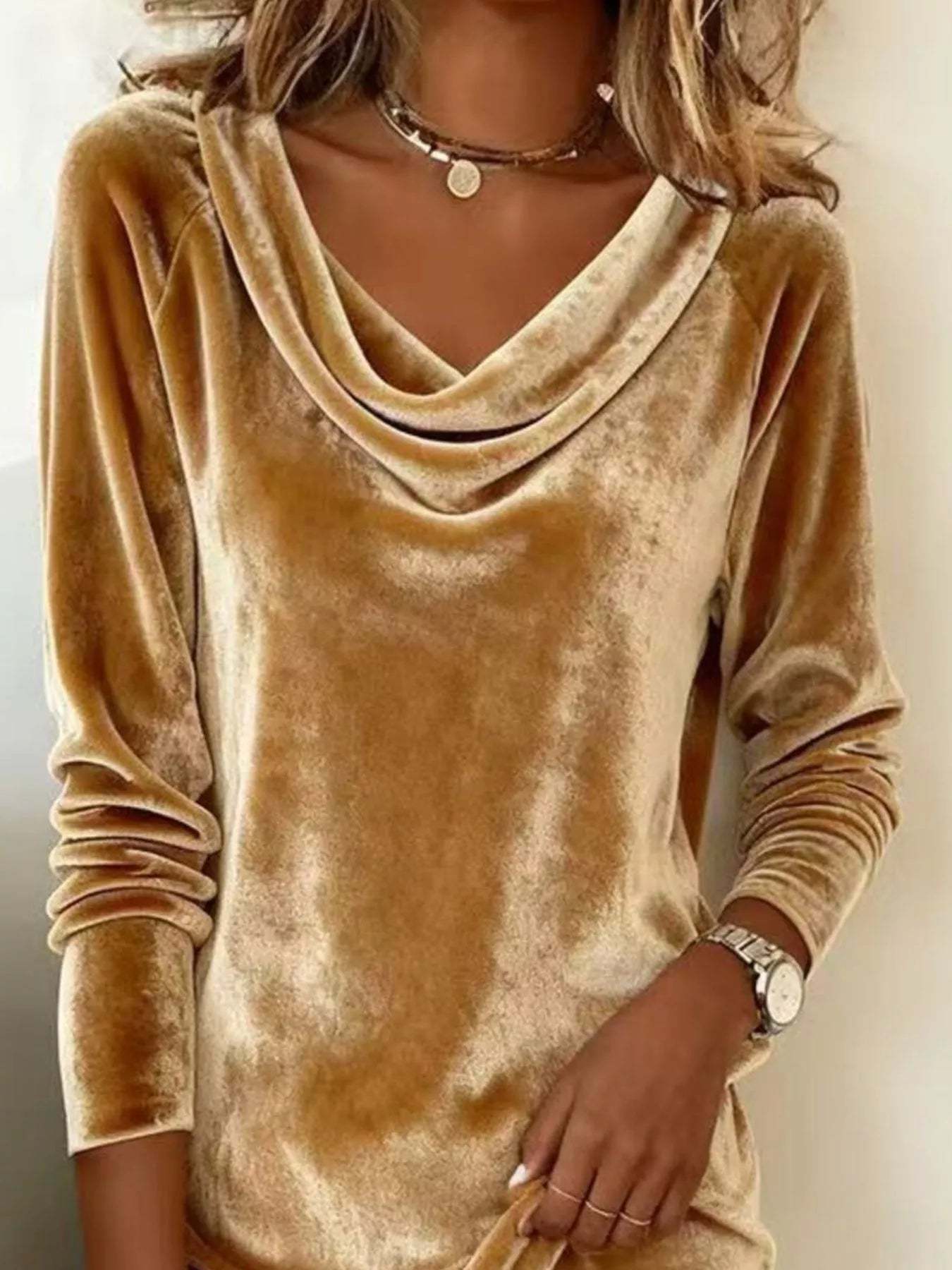  Elegant Velvet Cowl Neck Long Sleeve Mini Dress