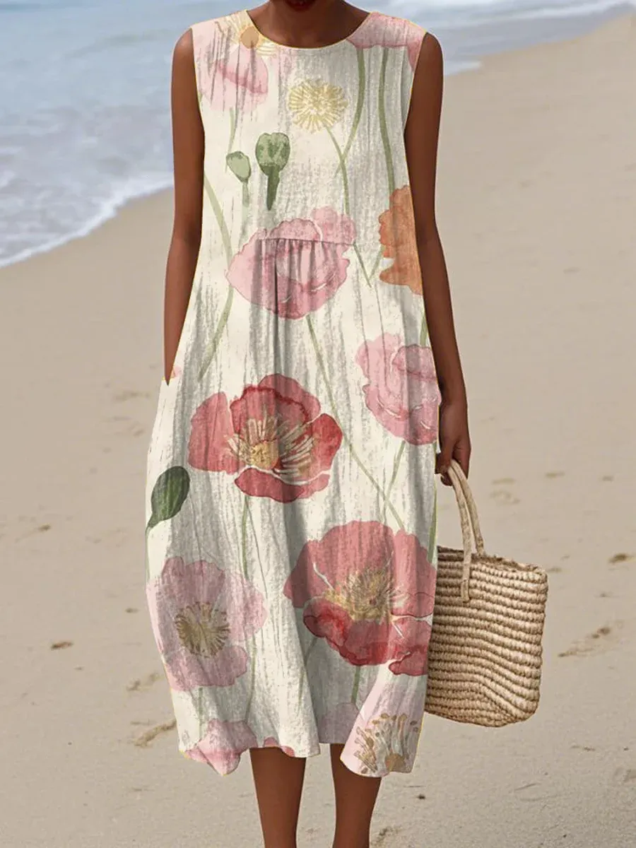 Women's Vintage Abstract Geometric Art Print Sleeveless Cotton Pocket Wrap Dress-Series4