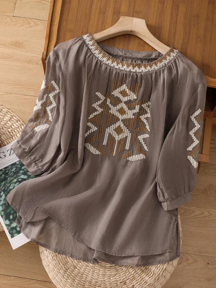 Women's Retro Round Neck 3/4 Sleeves Heavy Embroidery Casual Cotton and Linen Tops