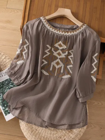 Women's Retro Round Neck 3/4 Sleeves Heavy Embroidery Casual Cotton and Linen Tops