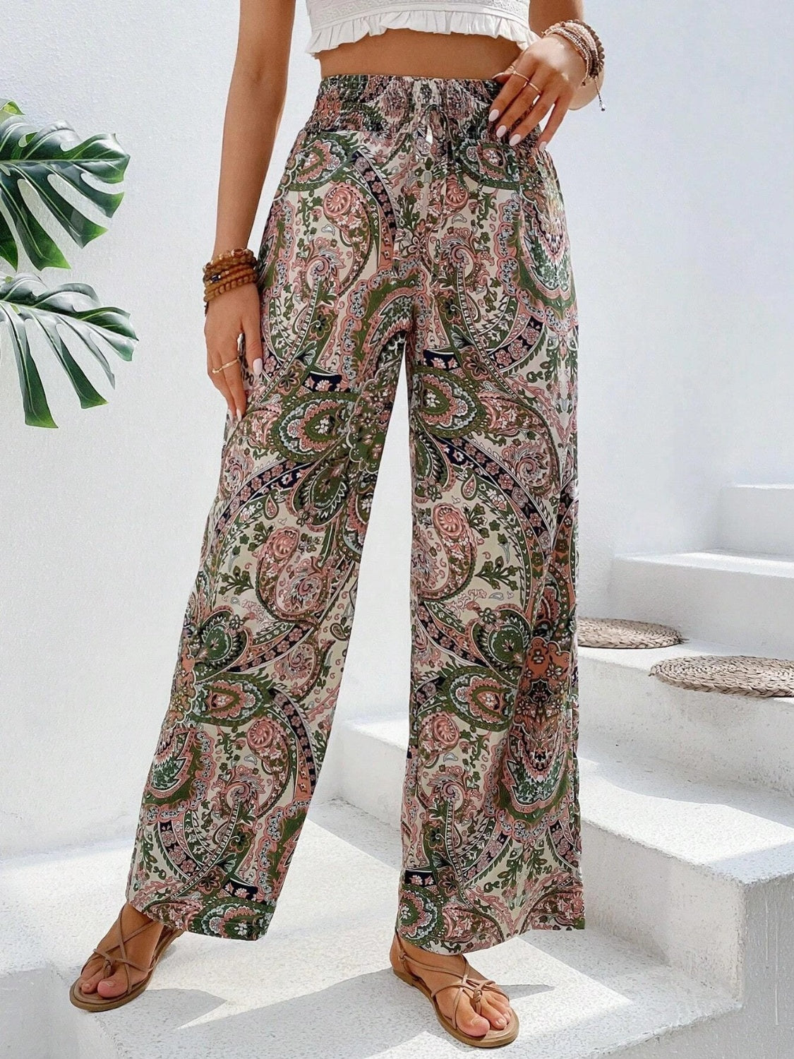 Vintage Print Wide-Leg Pants for Women - Casual Spring/Summer Style