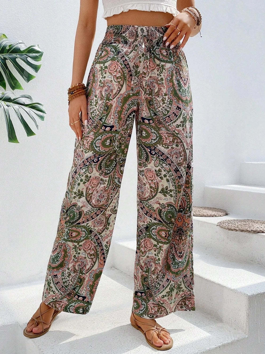Vintage Print Wide-Leg Pants for Women - Casual Spring/Summer Style
