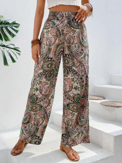 Vintage Print Wide-Leg Pants for Women - Casual Spring/Summer Style