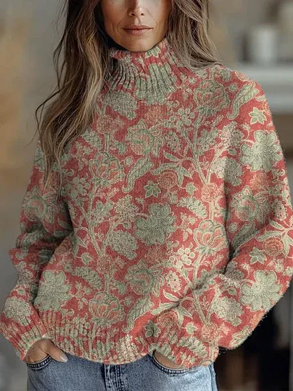 Women's Vintage Lovely Floral Art Print Knit Turtleneck Pullover Sweater