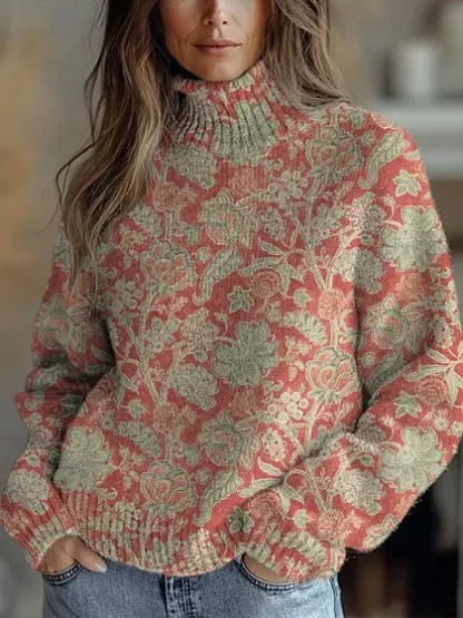 Women's Vintage Lovely Floral Art Print Knit Turtleneck Pullover Sweater