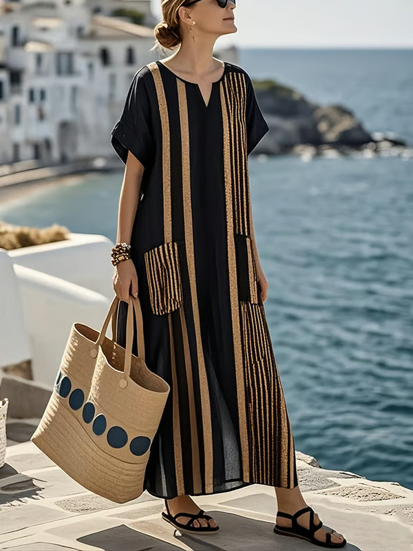 Women's Striped Pocket Cotton and Linen Dress