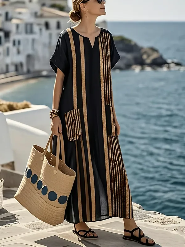 Women's Striped Pocket Cotton and Linen Dress