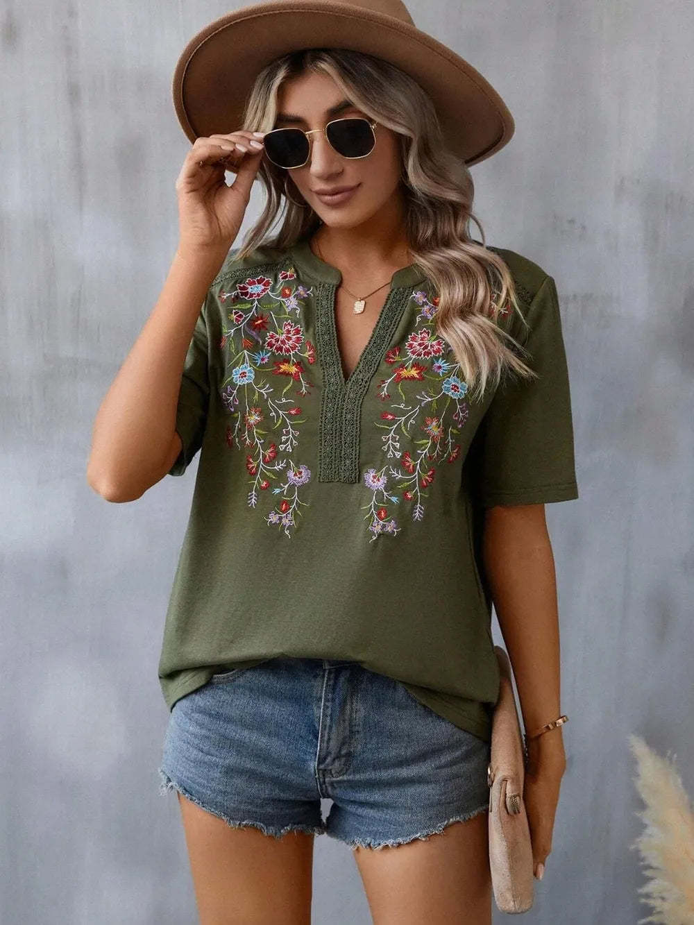 Hazel Blues® |  Embroidered Notched Short Sleeve T-Shirt