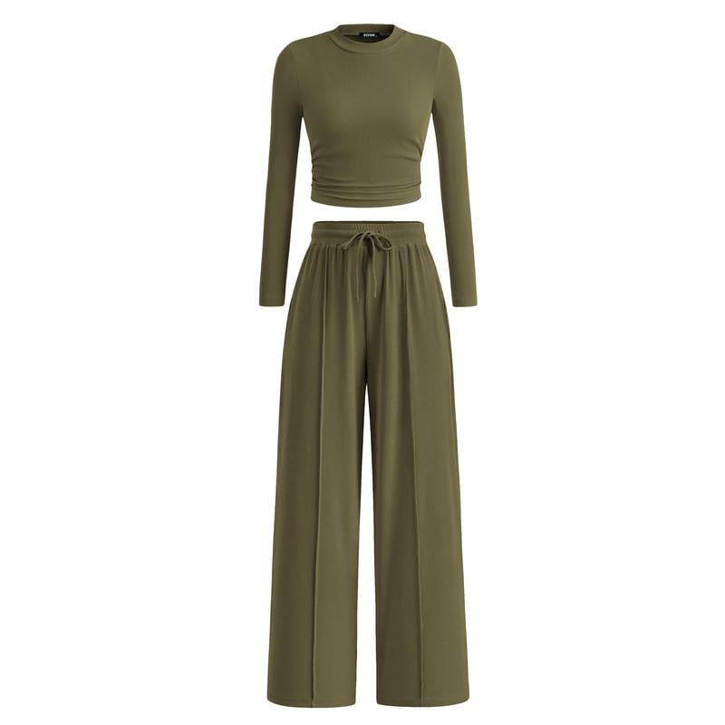 Woman's 2-Piece Ribbed Knit Long Sleeve Crop Top Wide Leg Pants Matching Lounge Set Loungewear[Buy 2 Free Shipping]