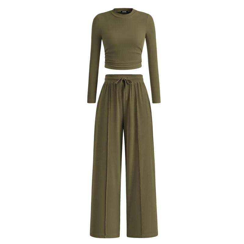 Woman's 2-Piece Ribbed Knit Long Sleeve Crop Top Wide Leg Pants Matching Lounge Set Loungewear[Buy 2 Free Shipping]