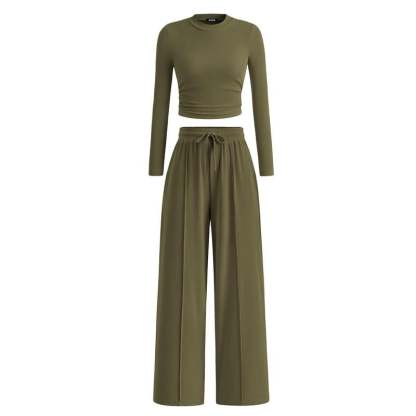 Woman's 2-Piece Ribbed Knit Long Sleeve Crop Top Wide Leg Pants Matching Lounge Set Loungewear[Buy 2 Free Shipping]