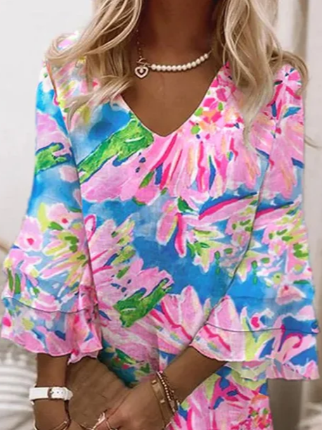 Women's Floral Half Sleeve Summer Printing Dress V Neck Daily Casual Midi Classic H-Line Dress