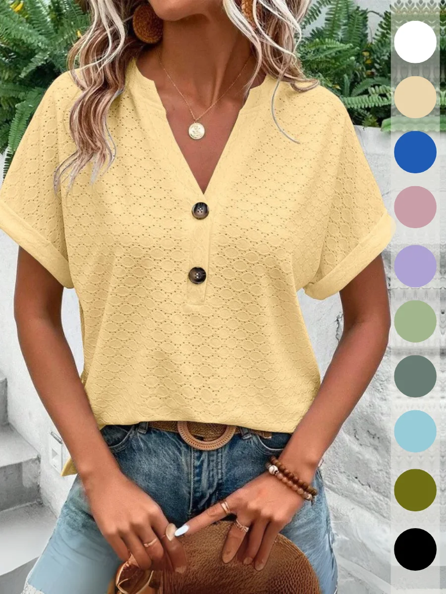 Women's Short Sleeve T-shirt Summer Yellow Plain Buckle V Neck Daily Going Out Casual Top
