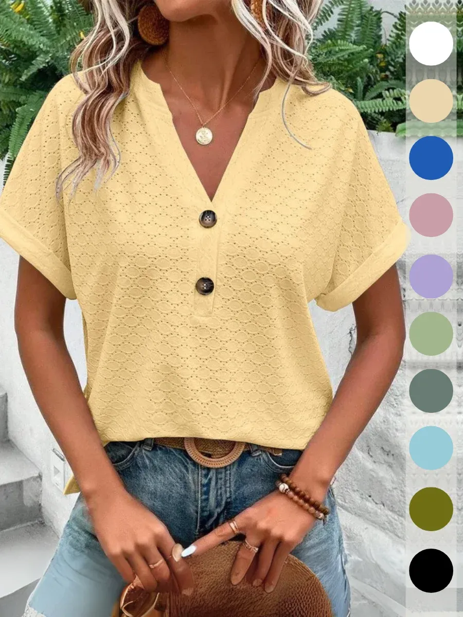 Women's Short Sleeve T-shirt Summer Yellow Plain Buckle V Neck Daily Going Out Casual Top