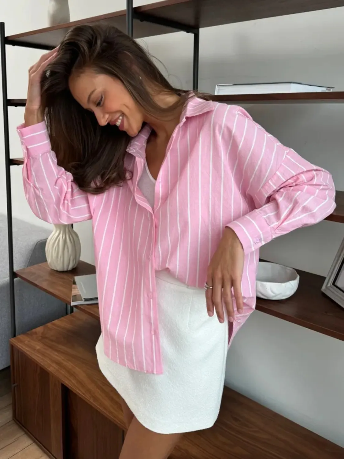 Striped Collared Neck Long Sleeve Shirt