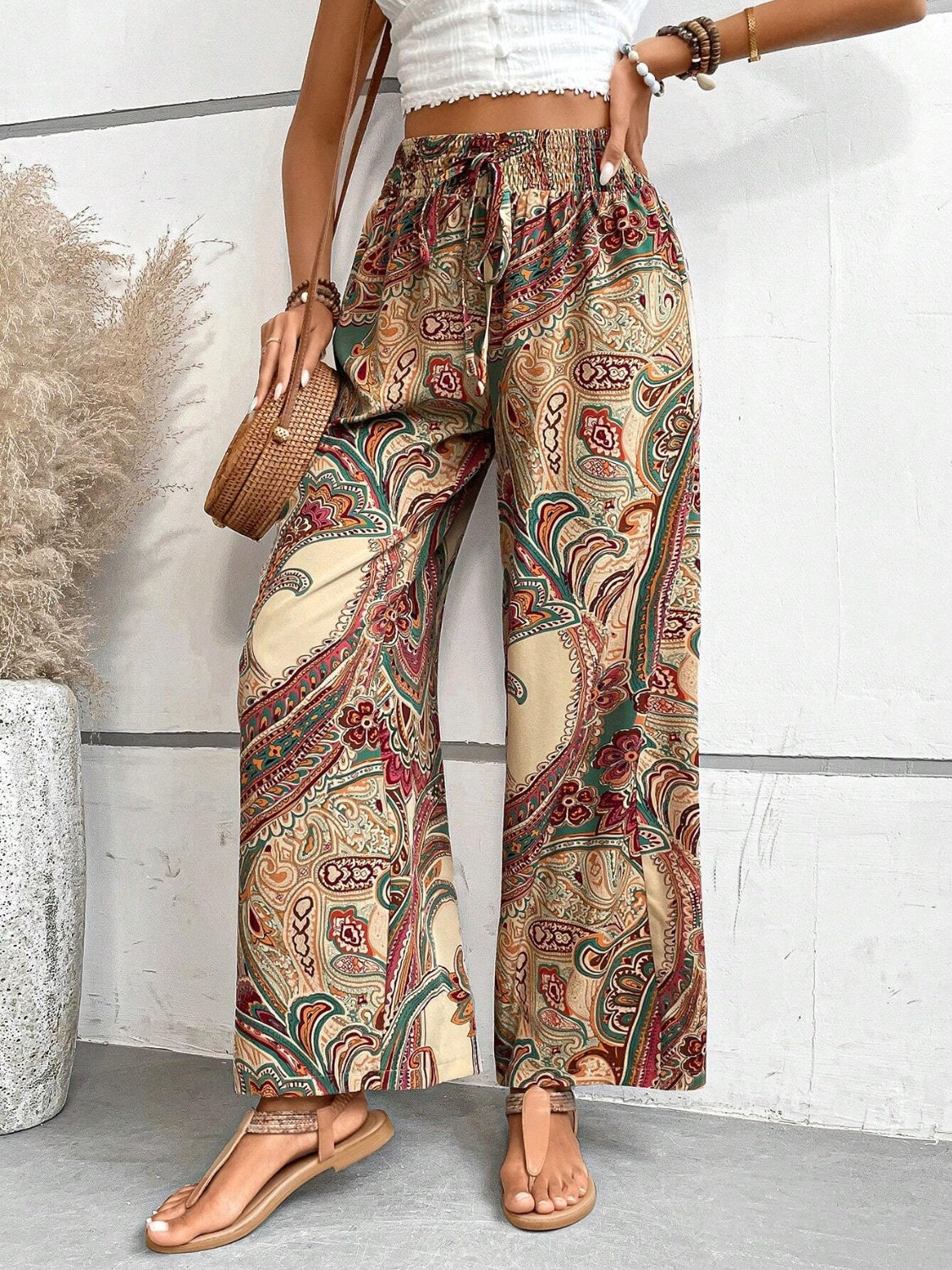 Vintage Print Wide-Leg Pants for Women - Casual Spring/Summer Style