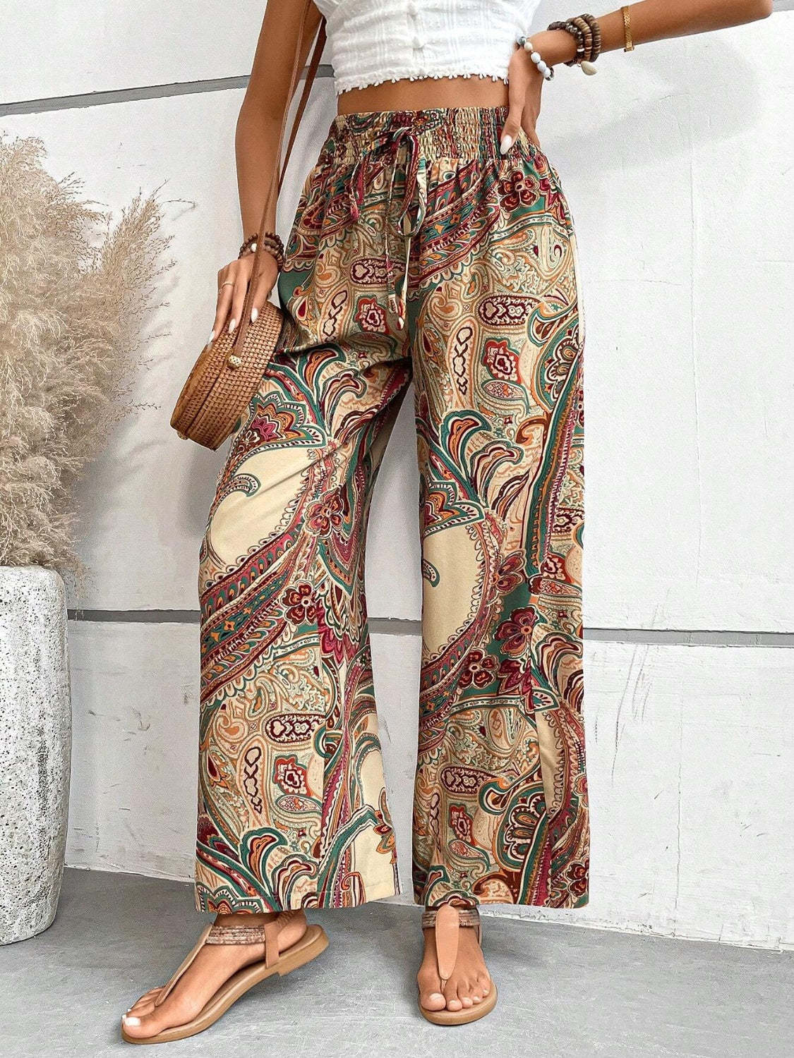 Vintage Print Wide-Leg Pants for Women - Casual Spring/Summer Style