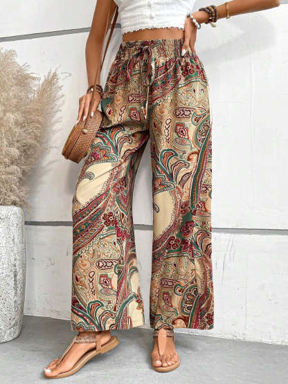 Vintage Print Wide-Leg Pants for Women - Casual Spring/Summer Style