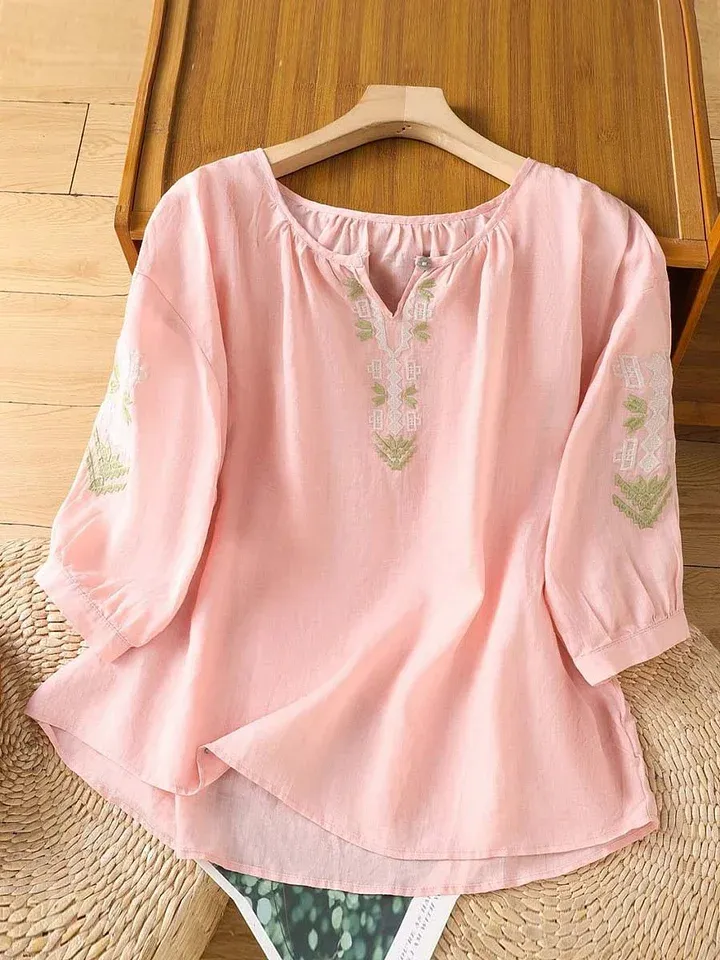 Women's Solid Color V-neck 3/4 sleeves Positioning Embroidery Casual Cotton And Linen Tops
