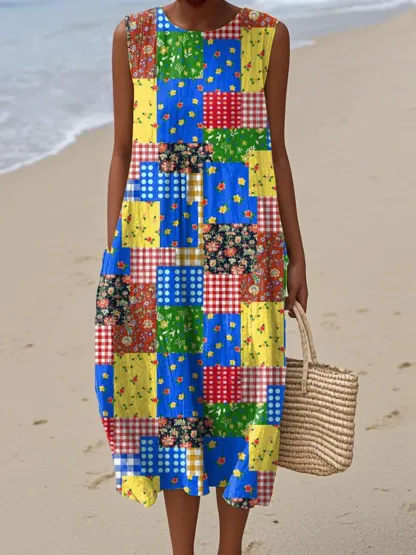 Women's Vintage Abstract Geometric Art Print Sleeveless Cotton Pocket Wrap Dress-Series4