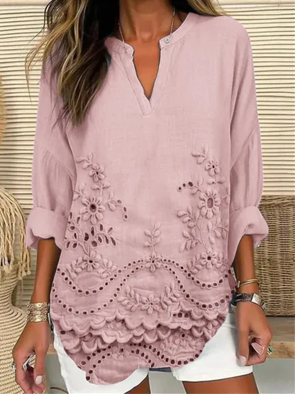 Floral Lace Embroidered Linen Blend Cozy Shirt