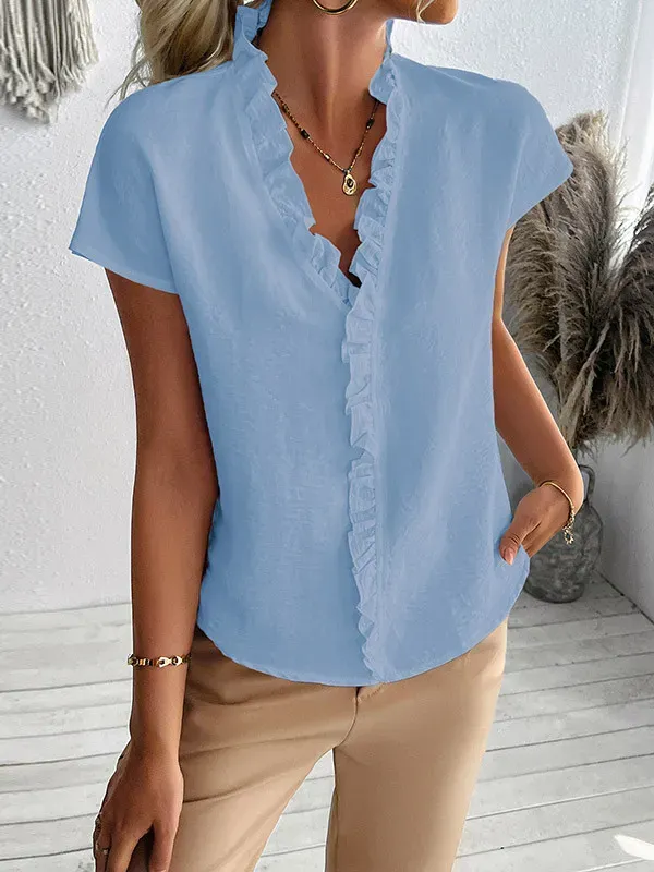 Ruffle Trim Solid Color Loose Short Sleeves V-Neck Blouses&Shirts Tops