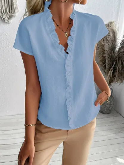 Ruffle Trim Solid Color Loose Short Sleeves V-Neck Blouses&Shirts Tops