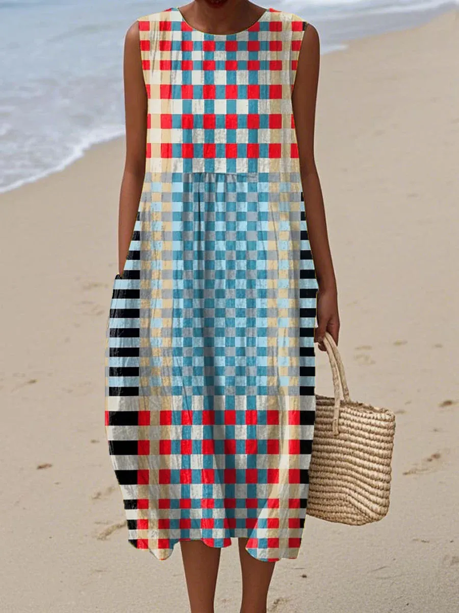 Women's Vintage Abstract Geometric Art Print Sleeveless Cotton Pocket Wrap Dress-Series3