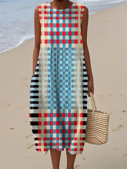 Women's Vintage Abstract Geometric Art Print Sleeveless Cotton Pocket Wrap Dress-Series3