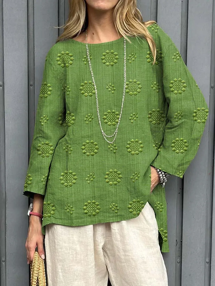 Women's Vintage Floral Pattern Art Print Casual Cotton Linen Shirt