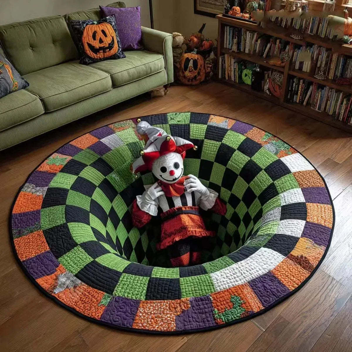🎃3D Skeleton Vortex Quilted Round Halloween Rug