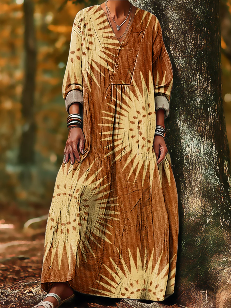 Women's Cotton Vintage Abstract Geometric Art Print Dress