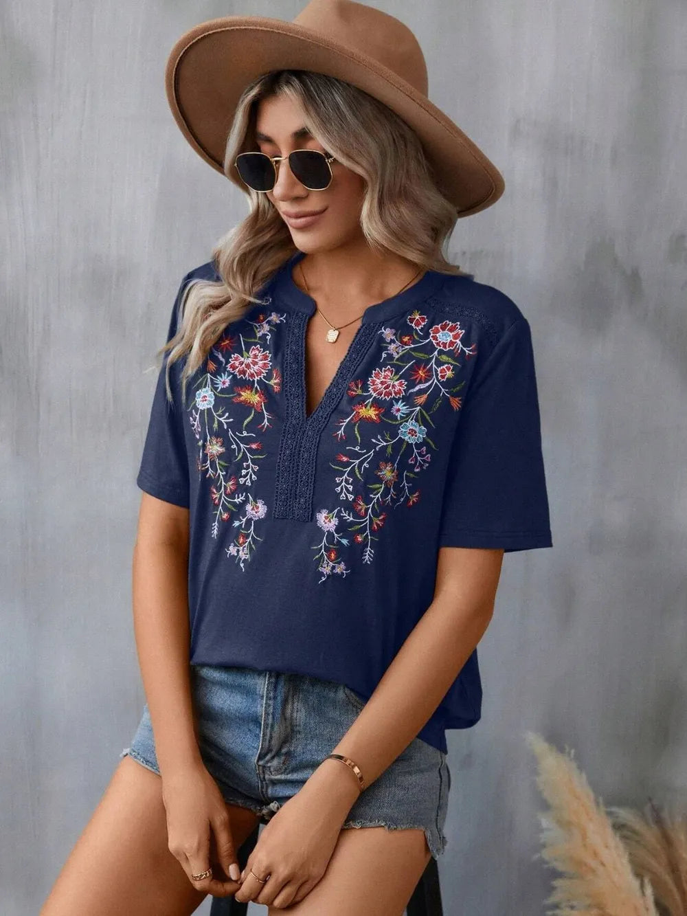 Hazel Blues® |  Embroidered Notched Short Sleeve T-Shirt