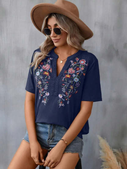 Hazel Blues® |  Embroidered Notched Short Sleeve T-Shirt
