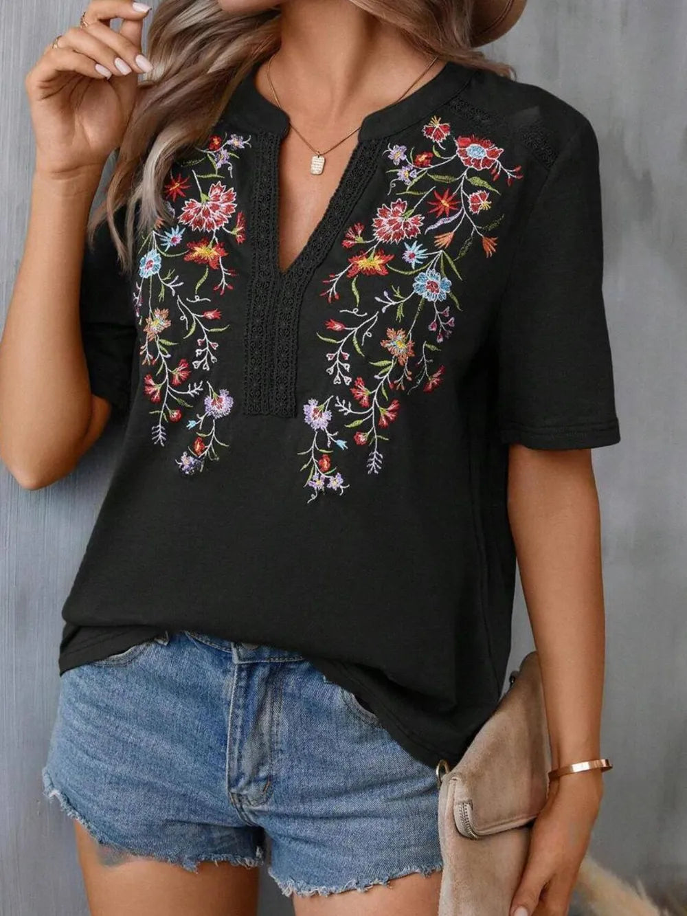 Hazel Blues® |  Embroidered Notched Short Sleeve T-Shirt