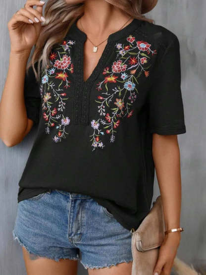 Hazel Blues® |  Embroidered Notched Short Sleeve T-Shirt