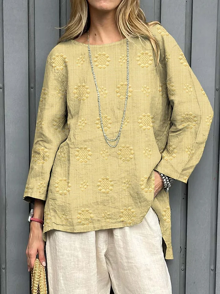 Women's Vintage Floral Pattern Art Print Casual Cotton Linen Shirt