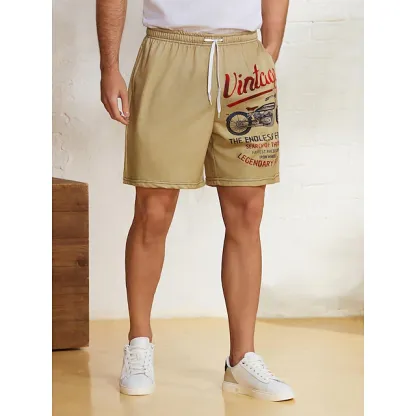 Men's Letter Vintage Motorcycle Sweat Beach Terry Shorts